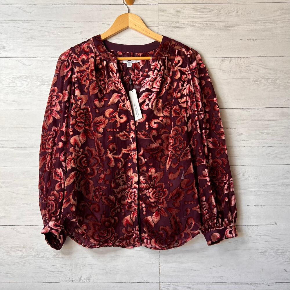 Chicos Blouse Womens Size 1 / US 8 Floral Velvet Burnout Button Down Blouson